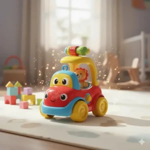 Close-up of a brightly colored musical crawling car perfect for encouraging tummy time and early mobility skills.