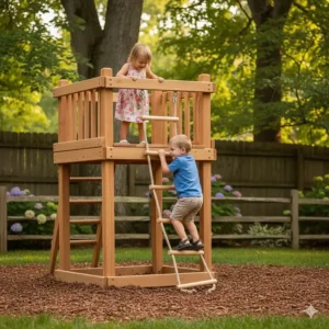 A sturdy, natural wooden climbing frame with a rope ladder and small platform, offering a more traditional aesthetic for preschoolers.