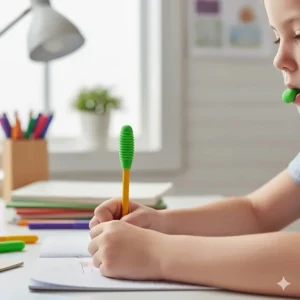 An ergonomic, pencil-top sensory bite toy being used as an oral motor tool to improve focus and aid self-regulation.