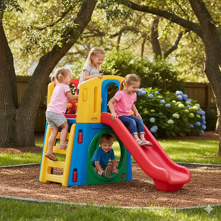 A group of preschoolers happily playing on a bright red and yellow plastic outdoor climbing toy set with a slide and tunnel, demonstrating active play. outdoor climbing toys for preschoolers