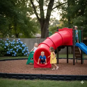 A circular tunnel climber integrated into a larger playground structure, promoting crawling and spatial awareness for young preschoolers.