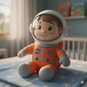 A soft, huggable plush astronaut doll wearing an an orange flight suit, suitable for babies.