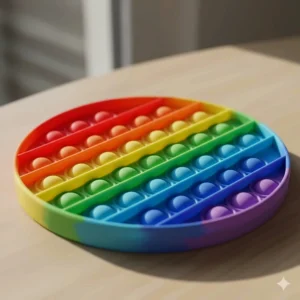 Close-up of a rainbow-colored Pop-It fidget toy with one side of bubbles pressed down, showing how it works for kids.