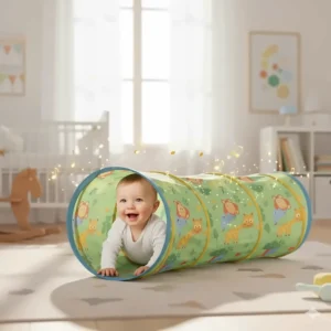 Babies exploring a collapsible pop-up crawl tunnel, which is one of the most exciting best crawling toys for improving gross motor skills.