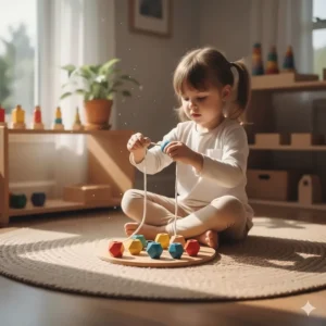 A child practicing fine motor skills by lacing large wooden beads onto a string, demonstrating useful **Montessori toys** for preschoolers.