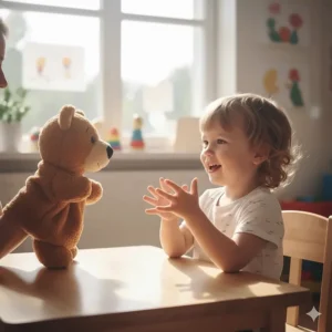 A soft hand puppet engaging a child in a role-play scenario, an excellent speech therapy toy for encouraging dialogue and social skills.