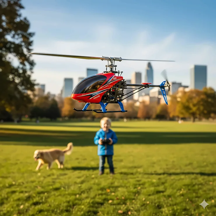 A brightly colored RC toy helicopter flying in a park, demonstrating its high-quality design and stable flight.