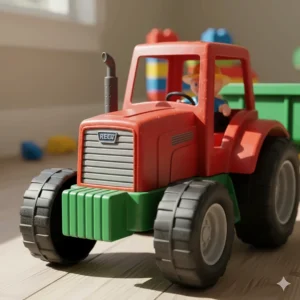 Detailed close-up of the red **toy tractor** engine unit, showing realistic grille and wheels.