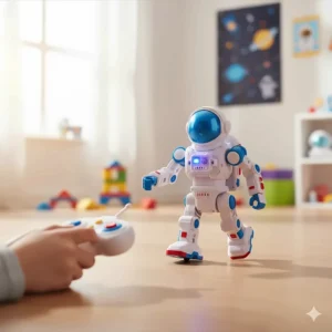 A fun, battery-operated remote control astronaut robot toy walking across a floor.