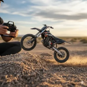 High-speed action shot of an advanced remote control dirt bike doing a jump on rough terrain.