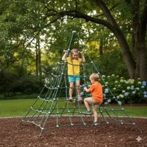 A triangular rope net climber providing a challenging and fun outdoor climbing toy experience for children aged 3-5.