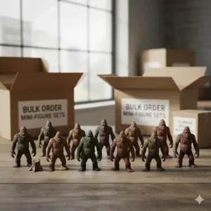 Display of a complete set of ten different Sasquatch mini-figures, demonstrating the variety included in a single bulk order.