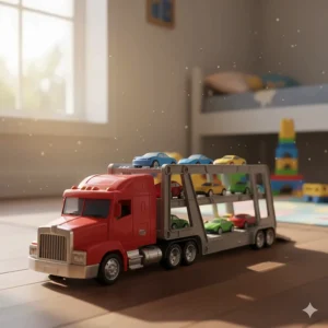 A red semi toy truck and trailer designed to transport smaller toy cars, demonstrating fun vehicle logistics.