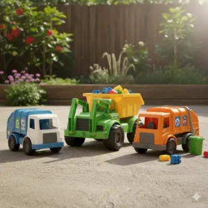 A set of three colorful garbage and dumpster truck toys including a recycling hauler and a front loader.