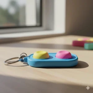 Illustration of a simple dimple fidget toy attached to a keychain, featuring two silicone buttons for satisfying popping.