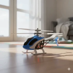 Close-up of a small, durable indoor helicopter toy, perfect for beginner pilots and children.