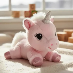 Close-up of a small pink unicorn plush toy showing its embroidered eyes and fluffy mane.