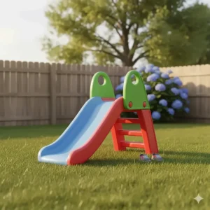 A very simple, low, and wide outdoor slide with stable steps, designed as a safe beginner climbing toy for the youngest toddlers.