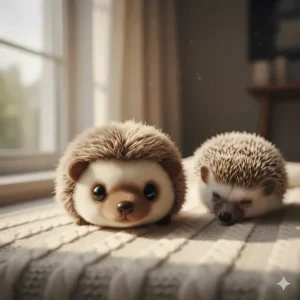 A soft, plush toy shaped like a hedgehog—often used as a comfort item or for gentle interaction.