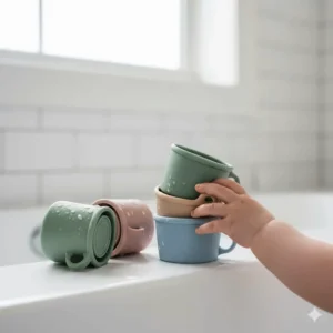 Close-up of soft silicone nesting cups, perfect as bath toys and for developing fine motor skills in babies.