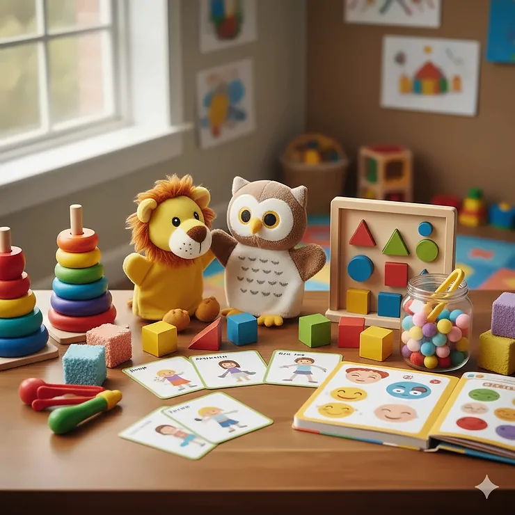 A colorful set of engaging speech therapy toys including puppets and sorting games, used to help children with communication and language development.