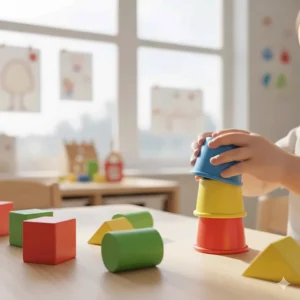 Simple stacking cups and colored blocks, foundational speech therapy toys that can be used for sequencing, color naming, and following multi-step directions.