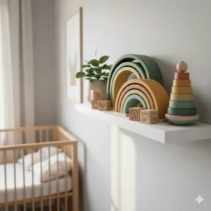 Wooden stacking toys displayed neatly on a shelf in a modern nursery, functioning as both decor and a learning tool.