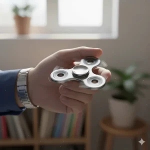 A hand holding a sleek, stainless steel metal fidget spinner in motion, illustrating its smooth, satisfying rotation.