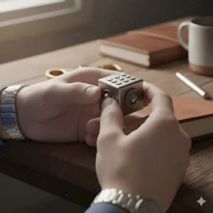A durable, lightweight titanium fidget cube being manipulated, demonstrating the different tactile buttons and switches.