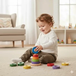 Happy toddler focused on learning colors and sizes while playing with colorful stacking rings on the carpet.
