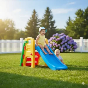 A small, brightly colored plastic climbing toy and slide designed specifically for toddlers outdoor play.