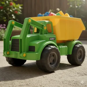 Close-up of the rugged, wide tires and durable plastic construction of the children's dumpster toy.