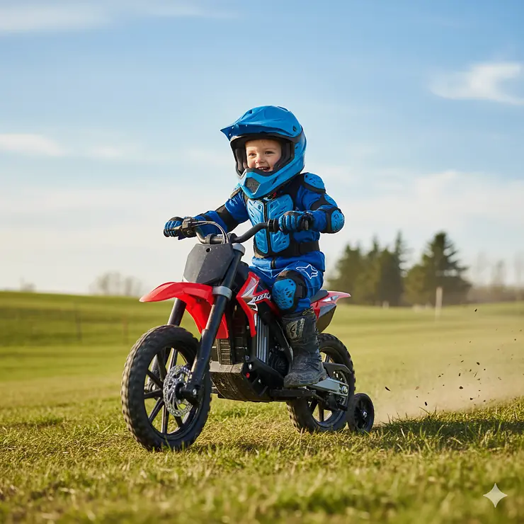 A child happily riding a large toy dirt bike on a grassy hill, wearing a helmet and protective gear.