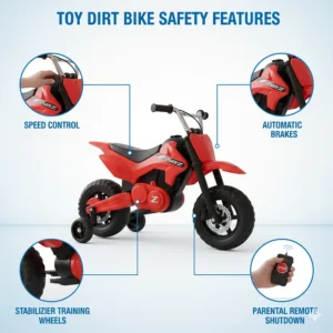 A clear image highlighting the safety features like speed control and automatic brakes on a beginner toy dirt bike.