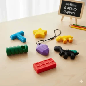 Assortment of durable, non-toxic sensory chew toys recommended for children with Autism or ADHD needs.