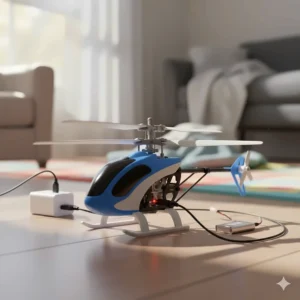The USB charging cable and rechargeable battery connected to a modern toy helicopter, highlighting convenience.