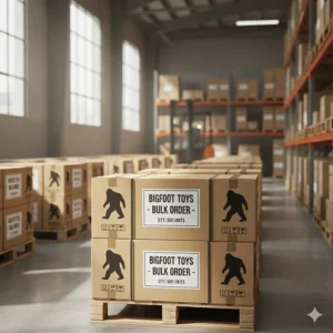 Pallets of clearly labeled cardboard boxes containing bulk bigfoot toys, showcasing inventory and efficient warehousing.