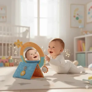 An adjustable, safe-for-baby tummy time mirror toy that encourages reaching, pivoting, and early crawling preparation.