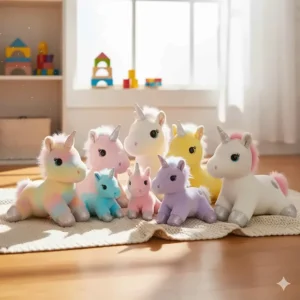 Group photo of the unicorn soft toy plush available in a range of different colors and sizes.