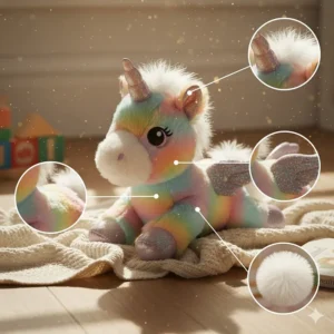 A composite image highlighting the features of the unicorn soft toy plush, including the horn, wings, and tail.