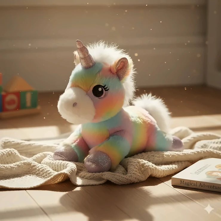 Cute rainbow unicorn soft toy plush with sparkly horn resting on a soft blanket.