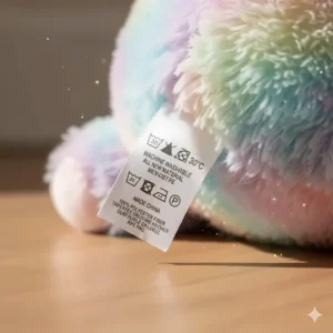 Detail shot of the care label on a unicorn toy plush indicating that it is machine washable.