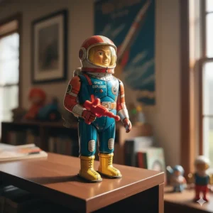 A rare, colorful vintage tin wind-up astronaut toy from the 1960s on display.