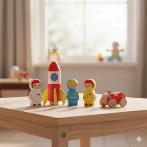 A set of colorful, chunky wooden astronaut toys and a rocket, perfect for toddlers.