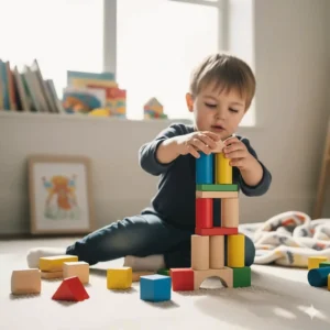 A child stacking wooden building blocks, an excellent educational toy for developing fine motor skills and spatial awareness in preschoolers.