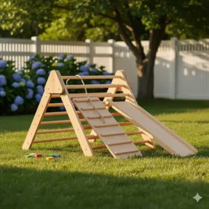 A wooden Pikler Triangle with a climbing ramp, a popular Montessori-inspired outdoor climbing toy for toddlers to build gross motor skills.