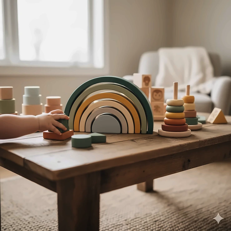A vibrant set of wooden rainbow stacking toys arranged in an arch on a white background, highlighting educational play for toddlers.