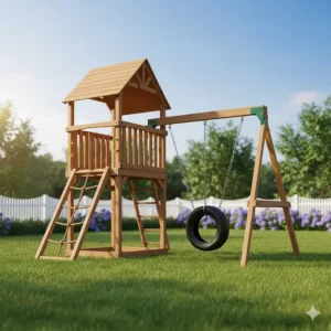 Classic cedar wooden playset featuring a tire swing, rope ladder, and a small fort area for climbing.