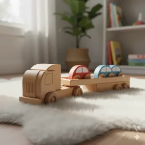 A natural wooden toy truck and trailer combo, designed for toddlers, promoting eco-friendly play.