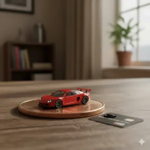 A remarkably small, fully functional remote-controlled car, one of the worlds smallest toys, driving across a penny.